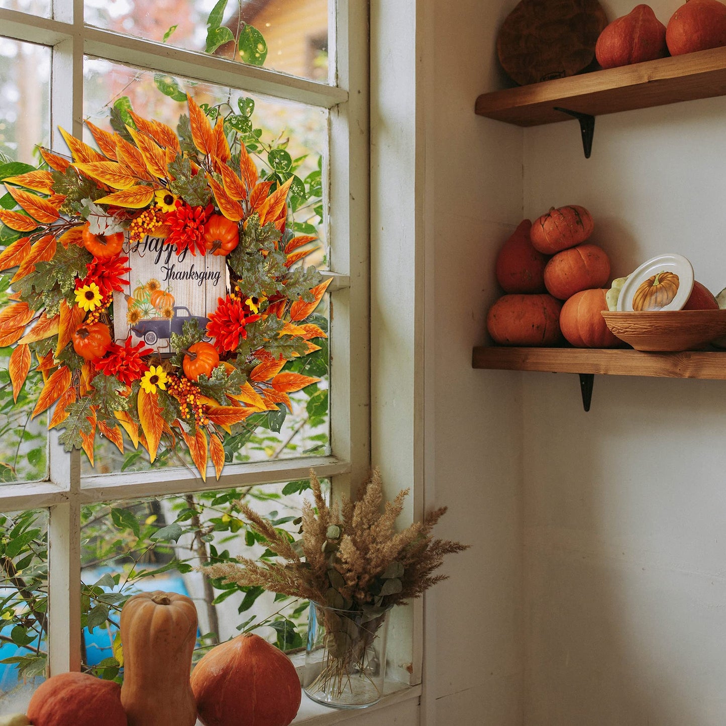 MAGGIFT Fall Wreath, 17 Inch Thanksgiving Wreaths for Front Door, with Artificial Maple Leaves, Sunflowers and Pumpkins, Ideal for Autumn Harvest Wall Indoor Outdoor Decorations