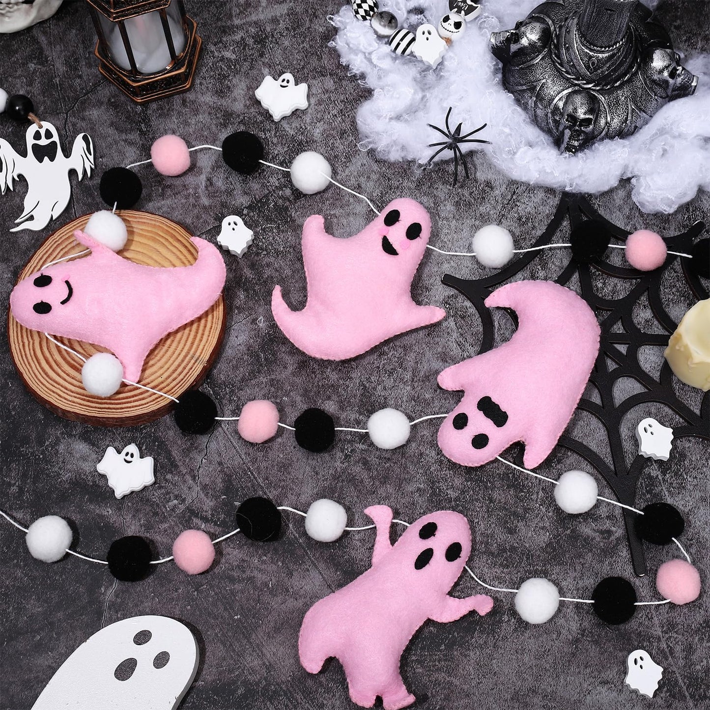 Whaline 6.6Ft Halloween Felt Banner Cute 3D Pink Ghost Hanging Garland Black Pink White Pom Ball Banner for Home Mantel Wall Window Decor Party Supplies