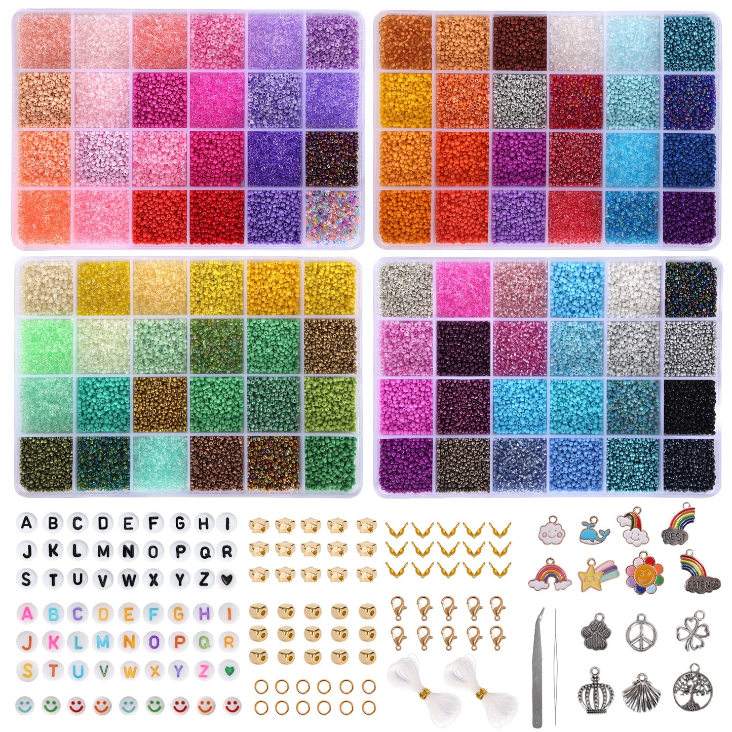 QUEFE 48000pcs 2mm Glass Seed Beads for Jewelry Making Kit, 96 Colors Small Bracelet Beads with Pendant Charms Kit and Letter Beads for Bracelets Necklace Ring Making, DIY, Art and Craft