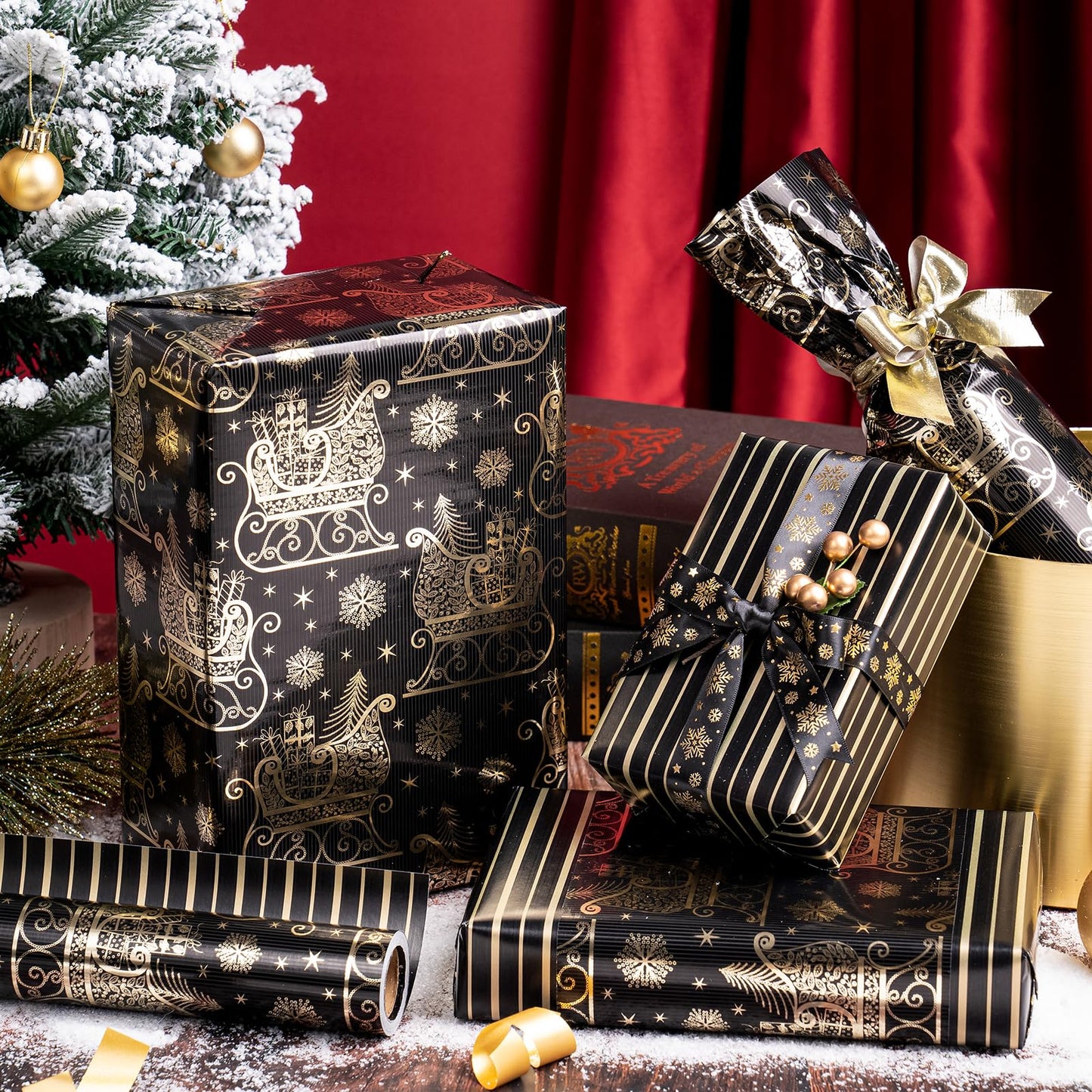 Reversible Black and Gold Christmas Wrapping Paper - Mini Roll - 17 Inch x 33 Feet - Black Gold Sleigh and Stripe Wrapping Paper with Metallic Foil Shine for Christmas, Holiday, Party