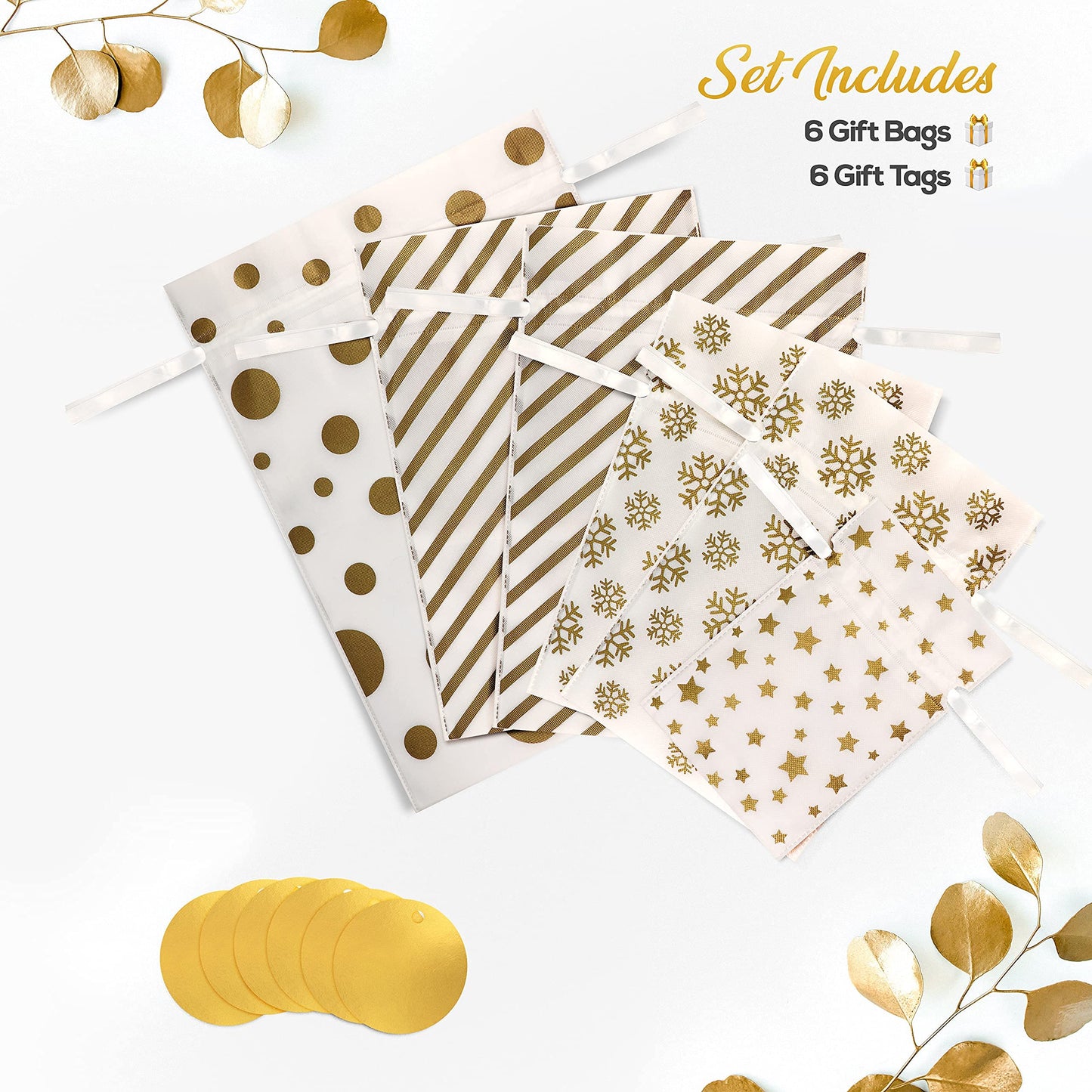Fabric Gift Bags for Presents - 6 Pcs Reusable Bags with Drawstring, Large Gift Bags for Christmas, Assorted Sizes (Gold)