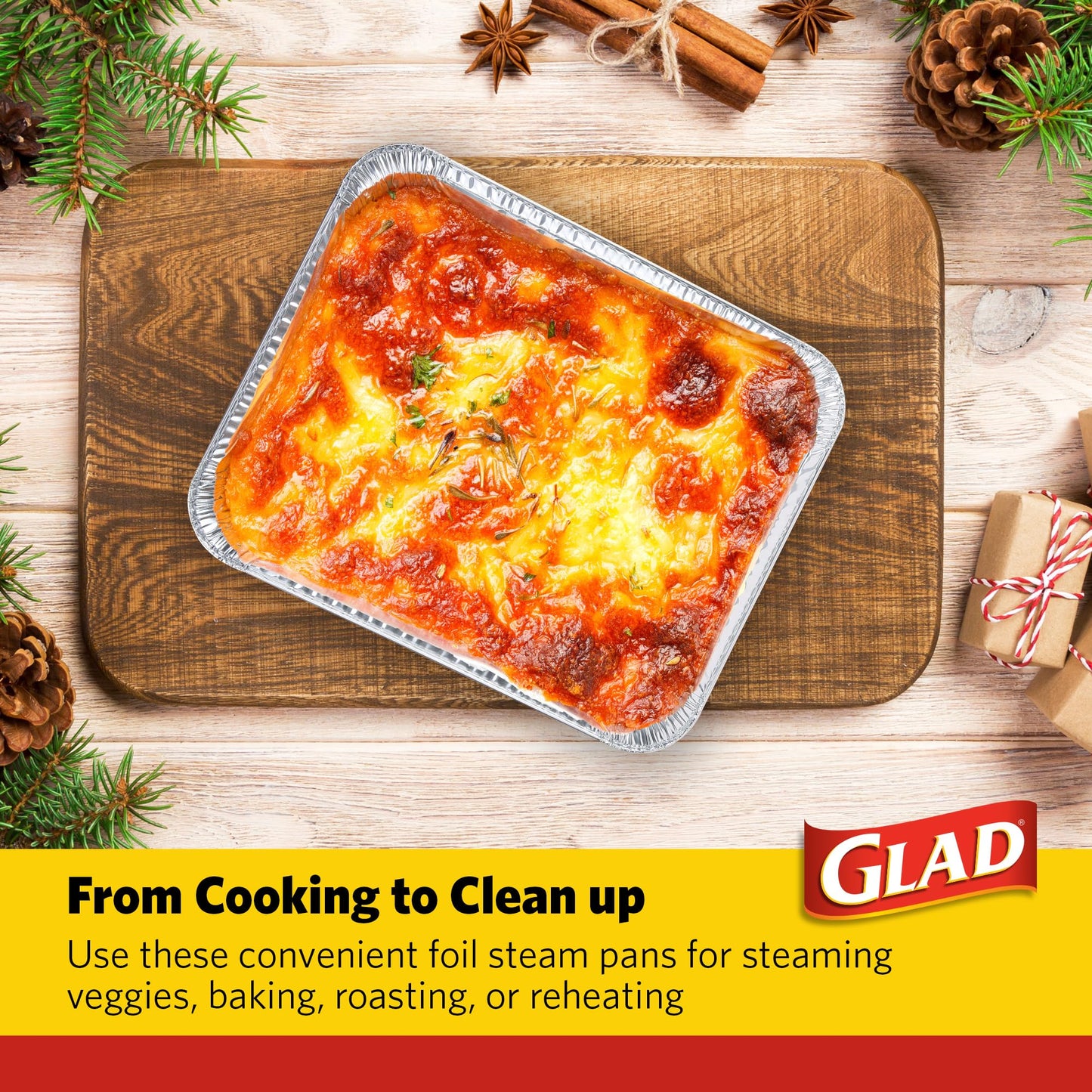 Glad Disposable Aluminum All-Purpose Pans in Red & White Snowflake Holiday Pattern, 2ct with Lids | Printed Durable Foil Steam Pans | 12.5 x 10.2 x 2.16 Aluminum Pan | Durable Disposable Steamware