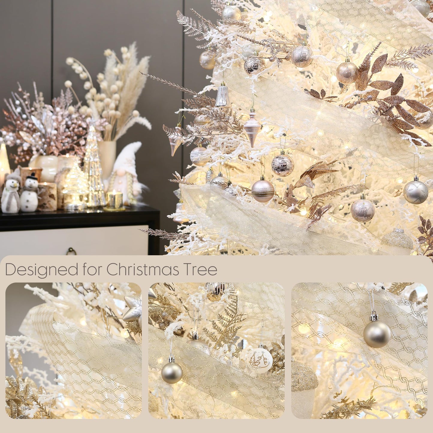 6-Inch-Wide Sheer Glitter Yarn Ribbon, Decorative Mesh Ribbon for Christmas Trees, Wreaths, Garlands, Art Crafts, Bouquets, Seasonal Decorations (3-Pack, 10-Yard/Pack, Champagne)