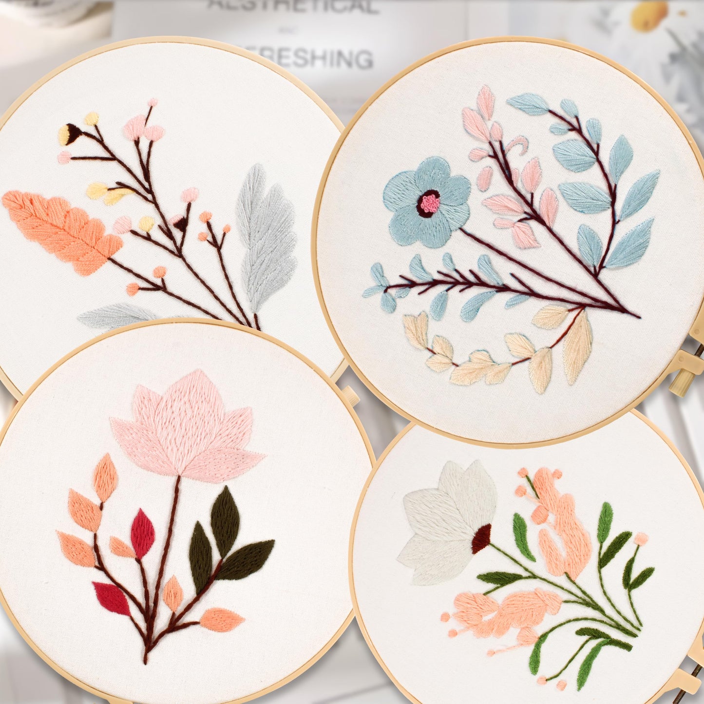 Maydear 4 Sets Embroidery Kit Punch Needle Kit,Embroidery Kit for Beginners Cross Stitch Kits with Embroidery Hoop and Instructions, Hand Embroidery Starter Kit for Adults (Four Flowers)