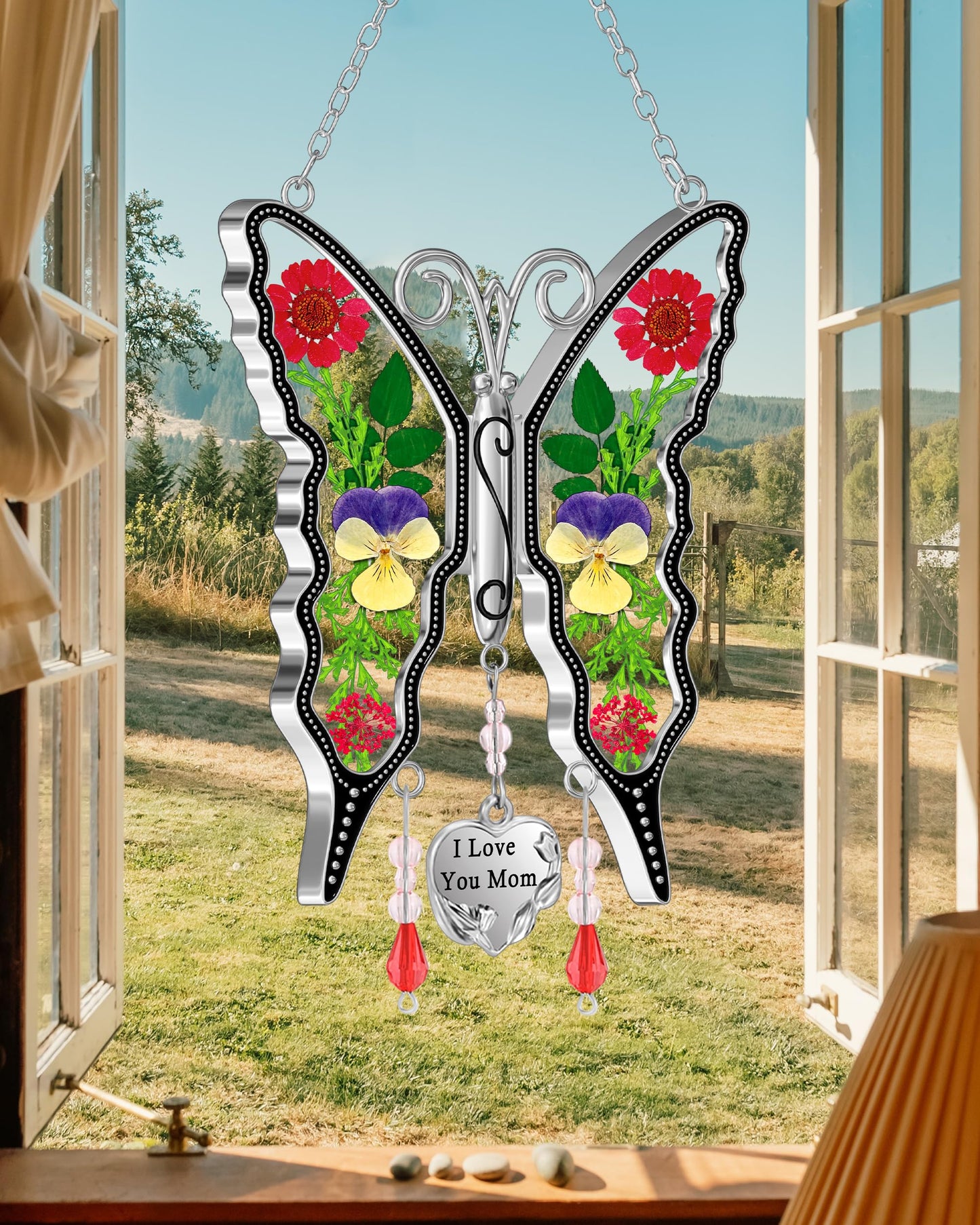 KY&BOSAM Gifts for Mom Butterfly Suncatcher I Love You Mom Stained Glass Sun Catcher Hanging for Window Wind Chime Pressed Dried Flowers Engraved and Metal Charm Mothers Day Valentine's Birthday Decor