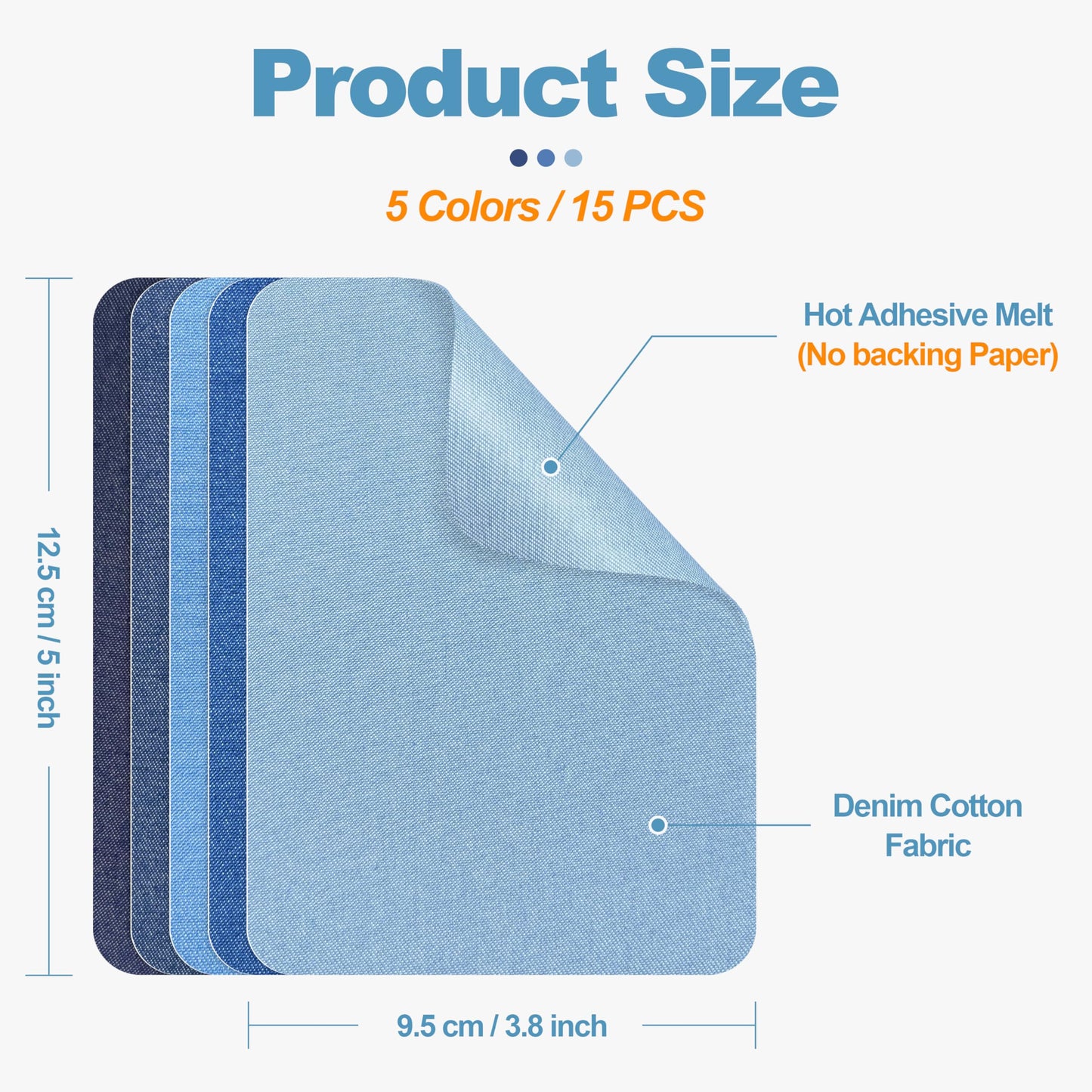 Iron on Patches for Jeans Kit, 15PCS Patches for Jeans, Iron on Denim Patches for Inside Jeans, Clothing, Denim, Knee, Pants 3.8" by 5" (Five Color)