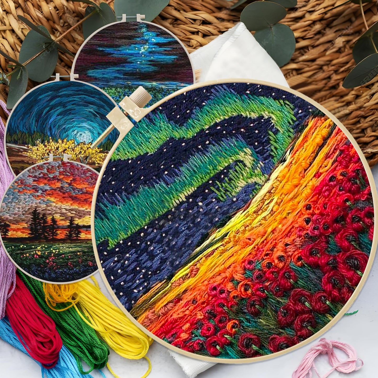 Maydear 4 Pack Embroidery Starter Kit with Pattern, Stamped Cross Stitch Kits for Beginners Adults with Embroidery Hoop and Instructions, Hand Embroidery Kit (Embroidery kit flower2)