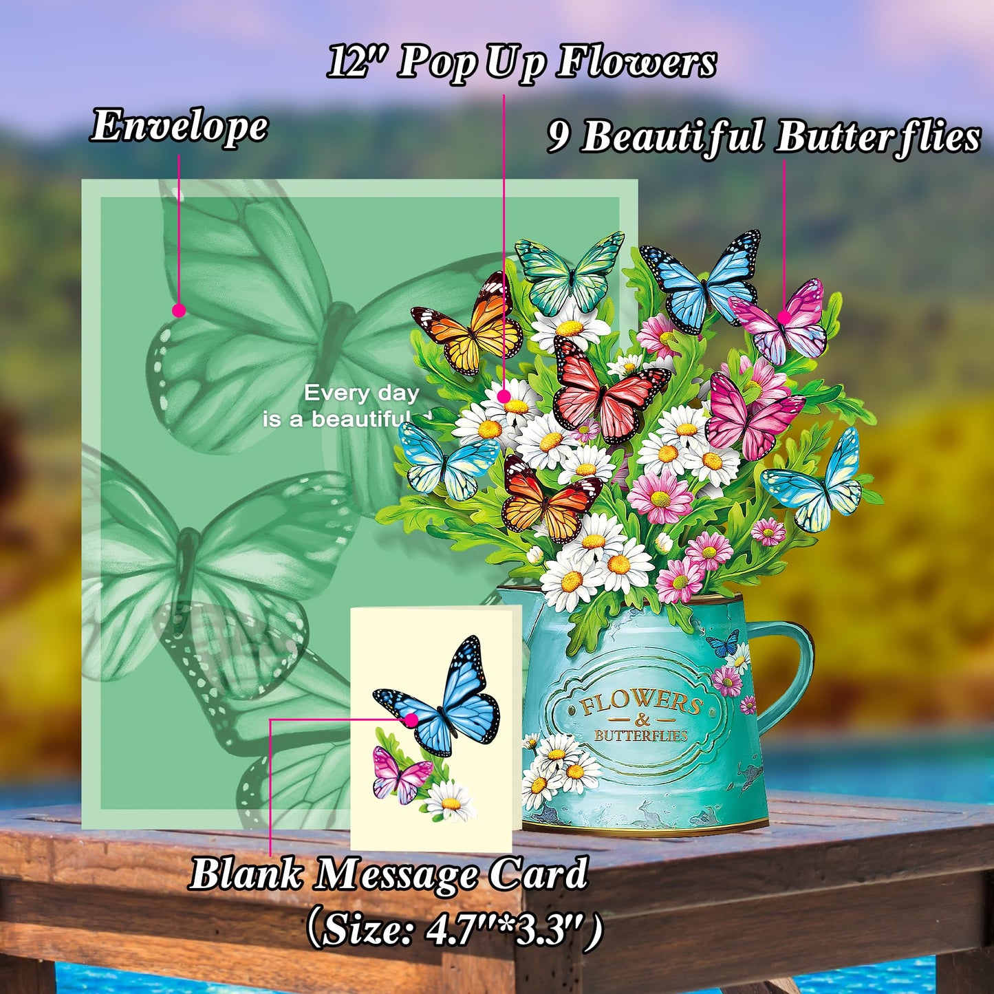 Airpark Mothers Day Gifts Card, 3D Pop Up Paper Flowers Bouquet 12’‘ with Note & Envelope, Birthday, Get Well, Teacher Appreciation Gifts, Greeting Cards for Women Mom Girls Friends, Daisies and Butterflies