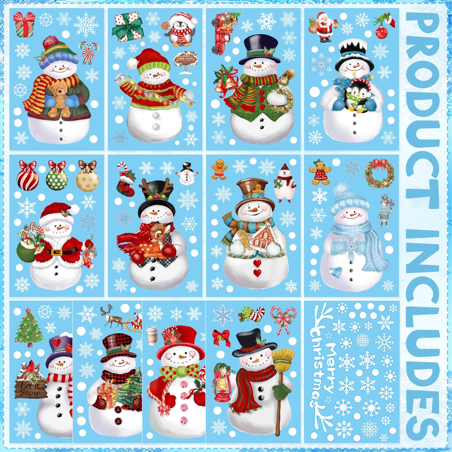 Christmas Window Clings 14 Sheets, Snowman Snowflake Decals Stickers, Christmas Removable Window Decorations for Glass Windows Xmas Holiday Home Office Decor, 12 Styles
