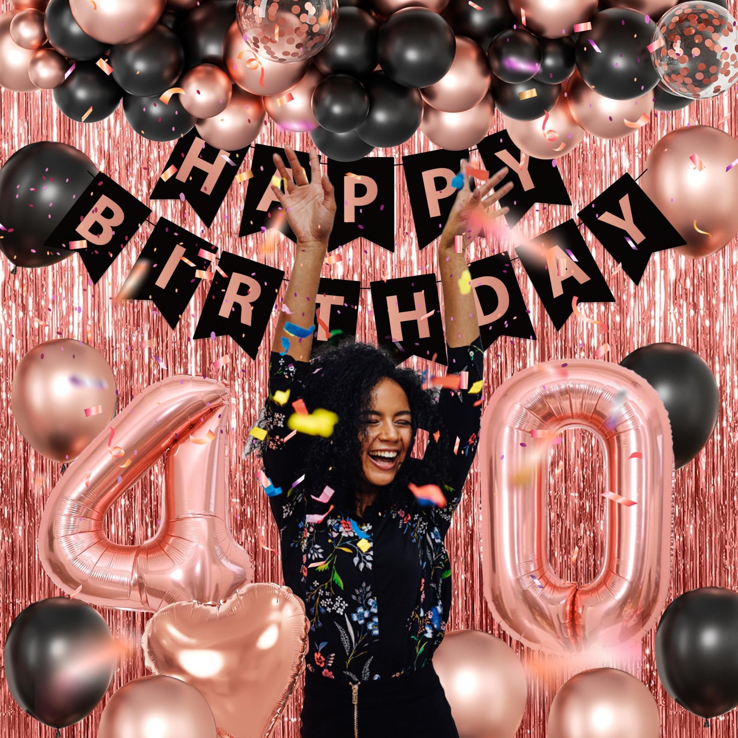 Rose Gold 40th Birthday Decorations for Women - Fabulous 40 Birthday Party Supplies Include 3pcs Balloon Boxes, Number 40 Foil Balloons, Fringe Curtains, Black Pink Garland Arch Kit - Photo Backdrop