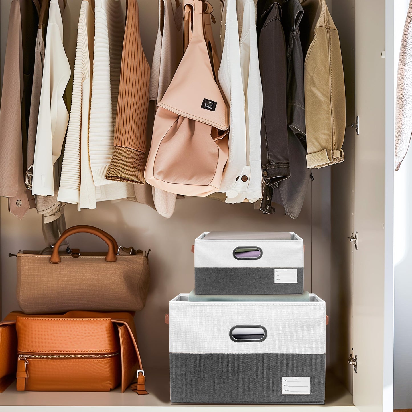 Open Foldable Fabric Storage Boxes, Collapsible Versatile Bins Baskets Cubes with Handles for Easy Organization in Closet, Living Room, and Bedroom (Grey & White, 2PCS/11.4*8.6*6.7in)