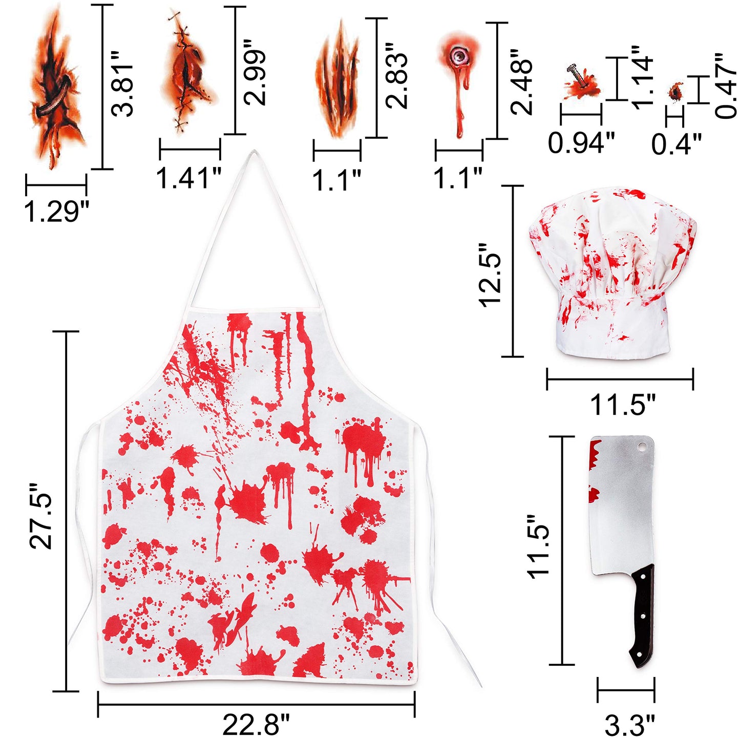 13Pieces Halloween Bloody Butcher Costumes Scary Set - Cooking Chef Apron Hat Weapon Knife Tattoo Stickers Zombie Party Accessories Decorations