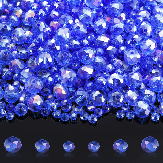 600 Pcs Crystal Glass Beads for Jewelry Making Bulk Faceted Gemstone Rondelle Loose Beads for Bracelet DIY Crafts 8 mm, 6 mm, 4 mm(Blue AB Color)