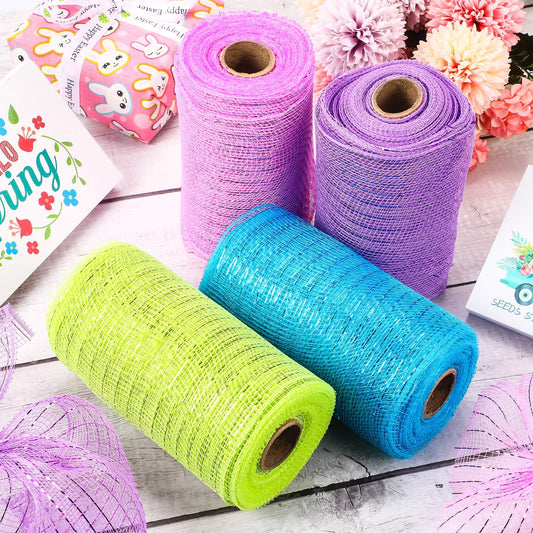 4 Rolls Mesh Ribbons 30 Feet Each Roll Metallic Foil Mesh Ribbon for Home Door Wreath Decoration DIY Crafts Making Supplies(Pink, Grass Green, Sky Blue, Purple,6 Inches)