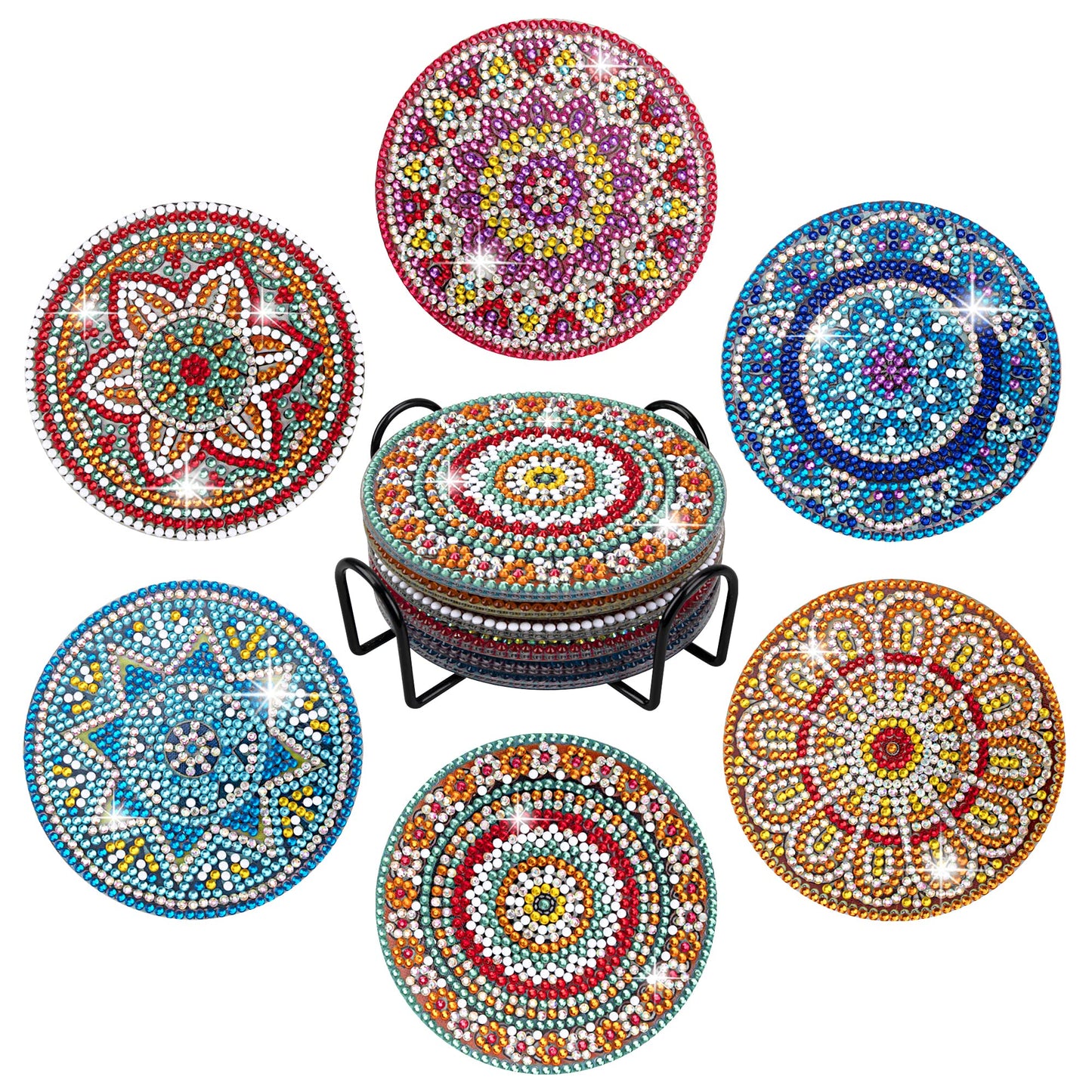 Temlum 6 Pcs Diamond Painting Coasters with Holder, Mandala Diamond Art Coasters Kits for Beginners, Adults Small Diamond Painting Kit Art Craft Supplies