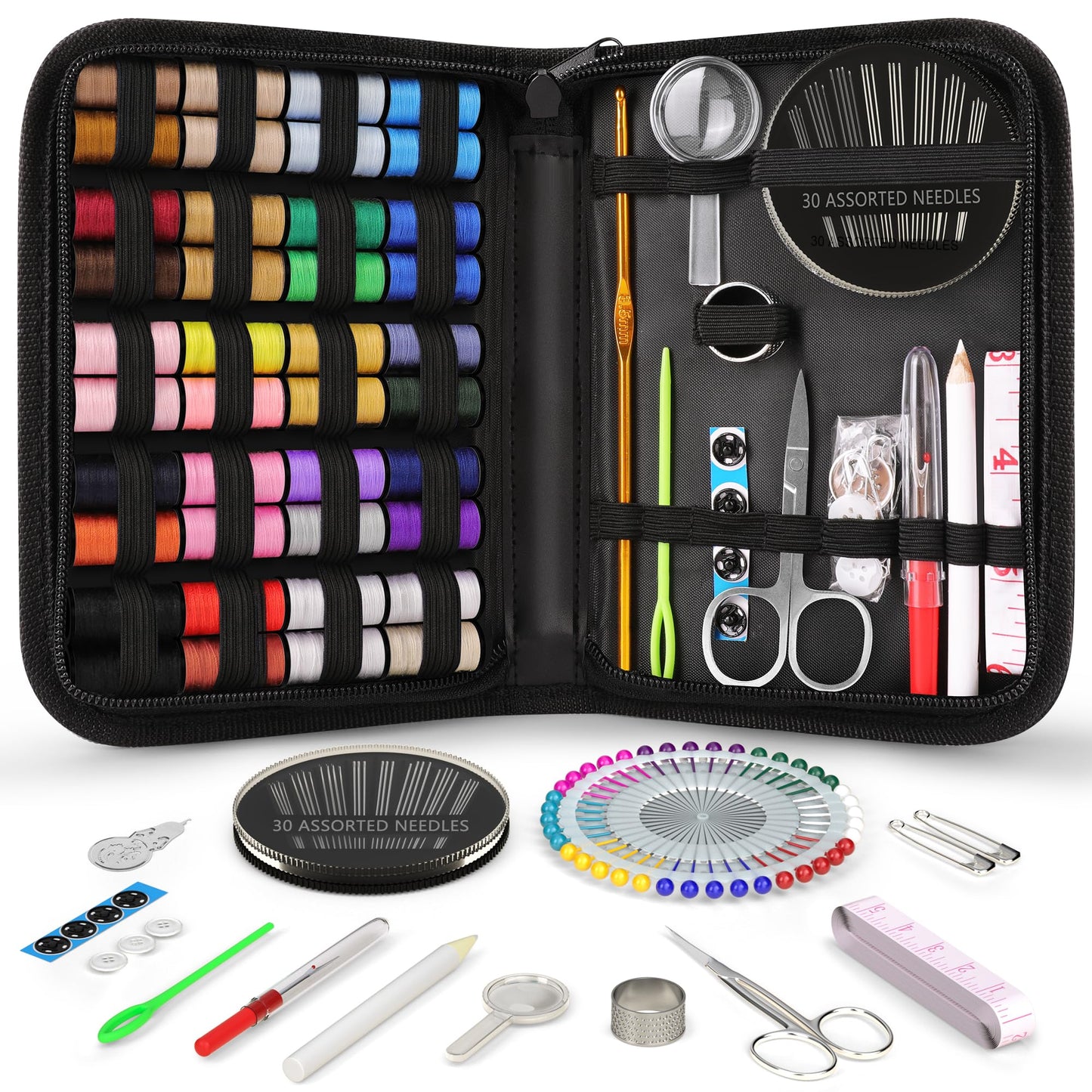 Sewing Kit Christmas Gifts for Grandma, Mom, Traveler, Adults, Beginner, Emergency, DIY Sewing Supplies Organizer Filled with Scissors, Thread, Sewing Needles, Tape Measure etc (Black, L)