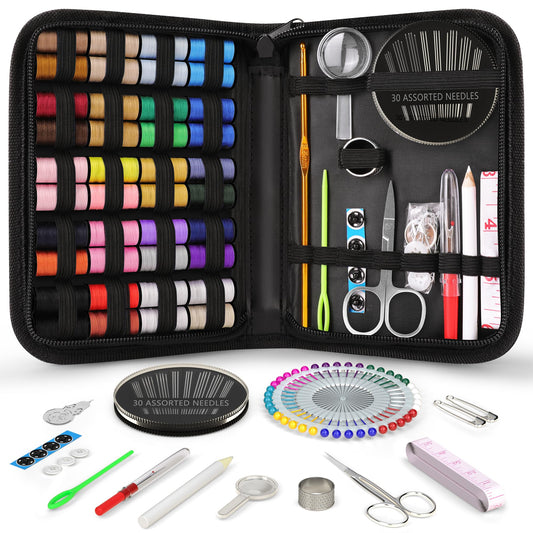 Sewing Kit Christmas Gifts for Grandma, Mom, Traveler, Adults, Beginner, Emergency, DIY Sewing Supplies Organizer Filled with Scissors, Thread, Sewing Needles, Tape Measure etc (Black, L)