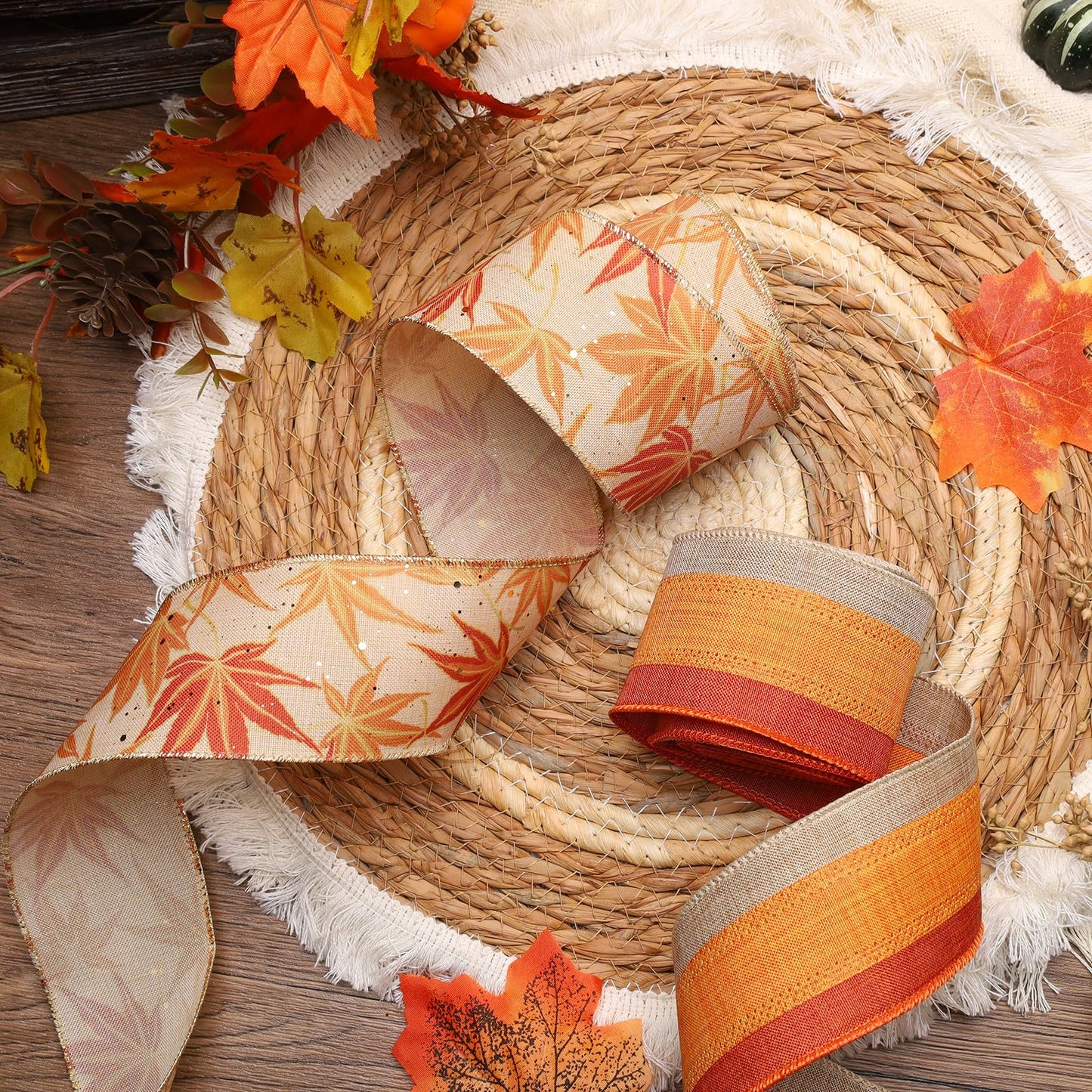 LaRibbons Fall Burlap Ribbon Wired 2 1/2" x 10 Yards 2 Rolls, Maple Leave Striped Ribbon for Autumn Wreath Thanksgiving Farm Gift Wrapping Home Decor