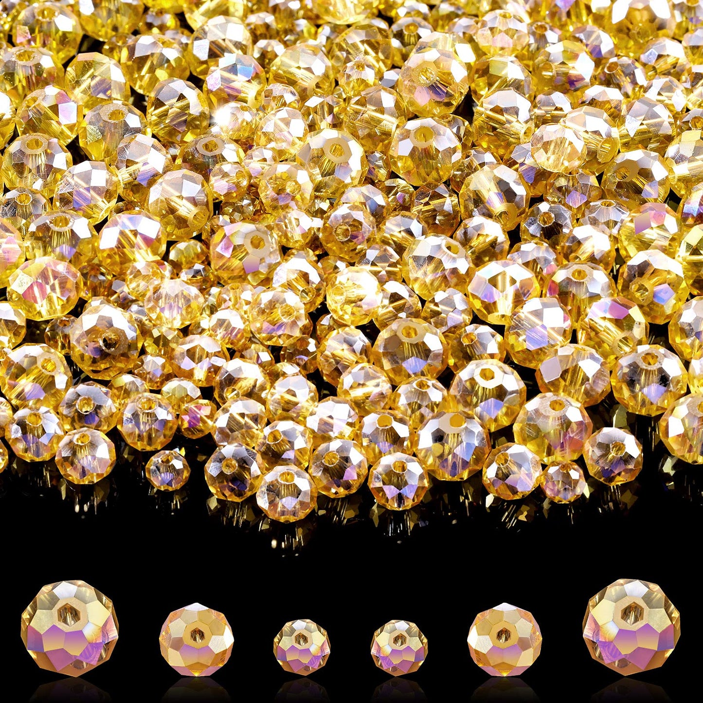 600 Pcs Crystal Glass Beads for Jewelry Making Bulk Faceted Gemstone Rondelle Loose Beads for Bracelet DIY Crafts 8 mm, 6 mm, 4 mm(Champagne Gold)