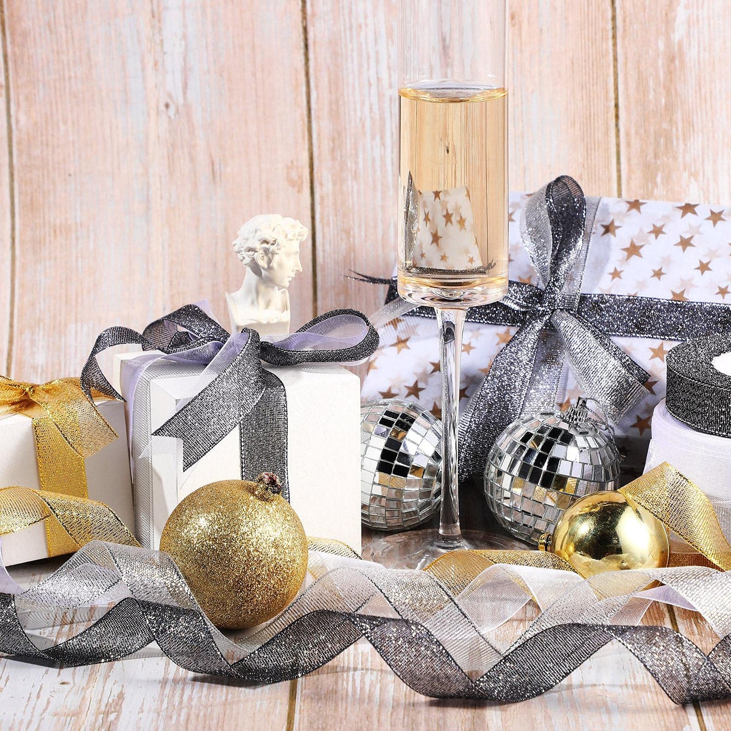 3 Rolls 25 Yards 4/5 Inch Glitter Metallic Ribbons and 1 Roll 50 Yards 4/5 Inch Organza Ribbon Golden Silver Glitter Ribbon for Gift Wrapping Wedding Birthday Party Christmas Decoration