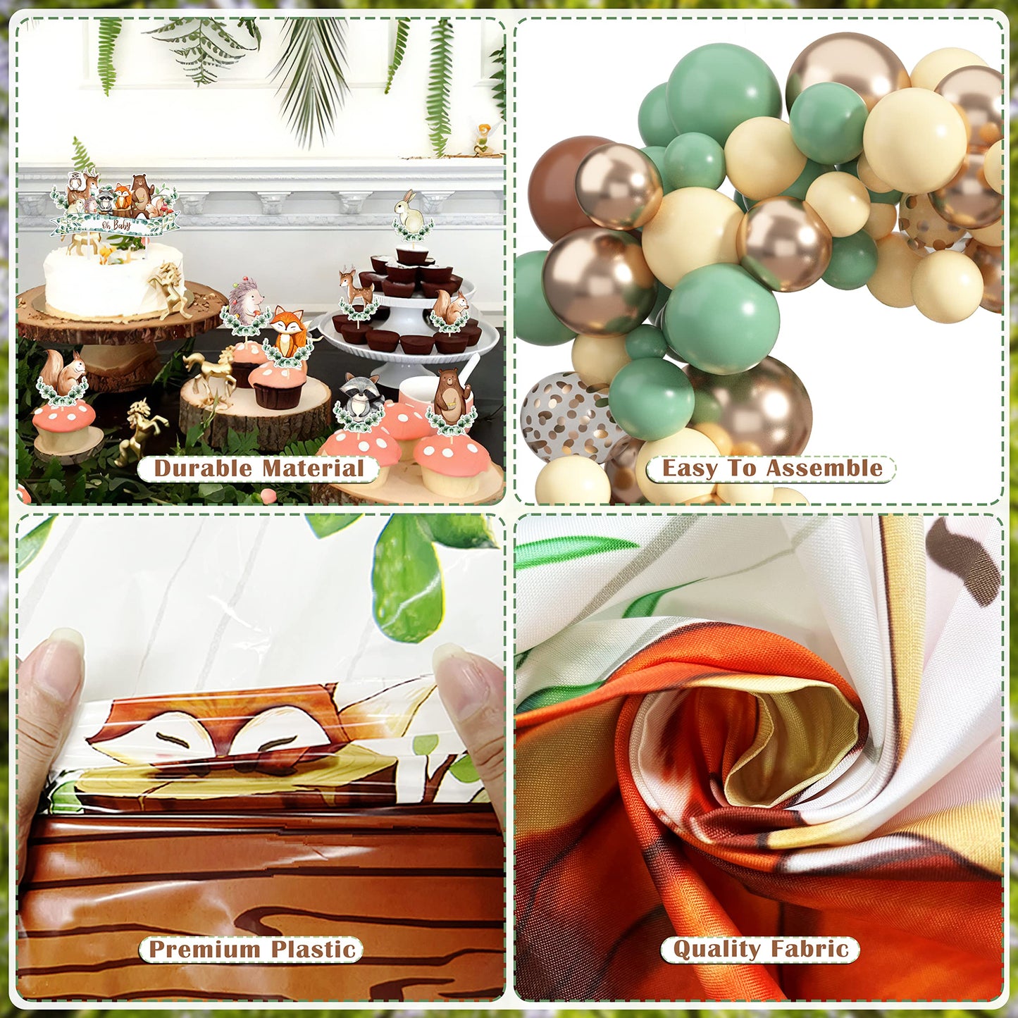 BORAMDO Woodland Animals Baby Shower Decoration Pack Forest Animal Neutral Gender Reveal Party Supplies Woodland Themed Birthday Party Ideas Set 106 Pcs Backdrop, Tablecloth, Cake Toppers, Balloons