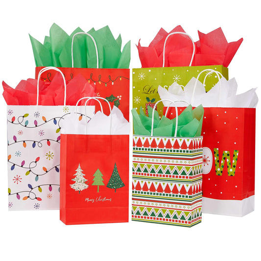 Pack of 24 Christmas Gift Bags Assorted Sizes With Tissue paper (8 Large 13", 8 Medium 11", 8 Small 9")