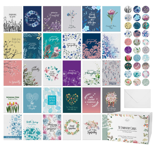 30 Unique Sympathy Cards With Greetings Inside. 30 Different, Large Greeting Cards With Envelopes and Matching Sealing Stickers. Includes Sturdy Storage Box.