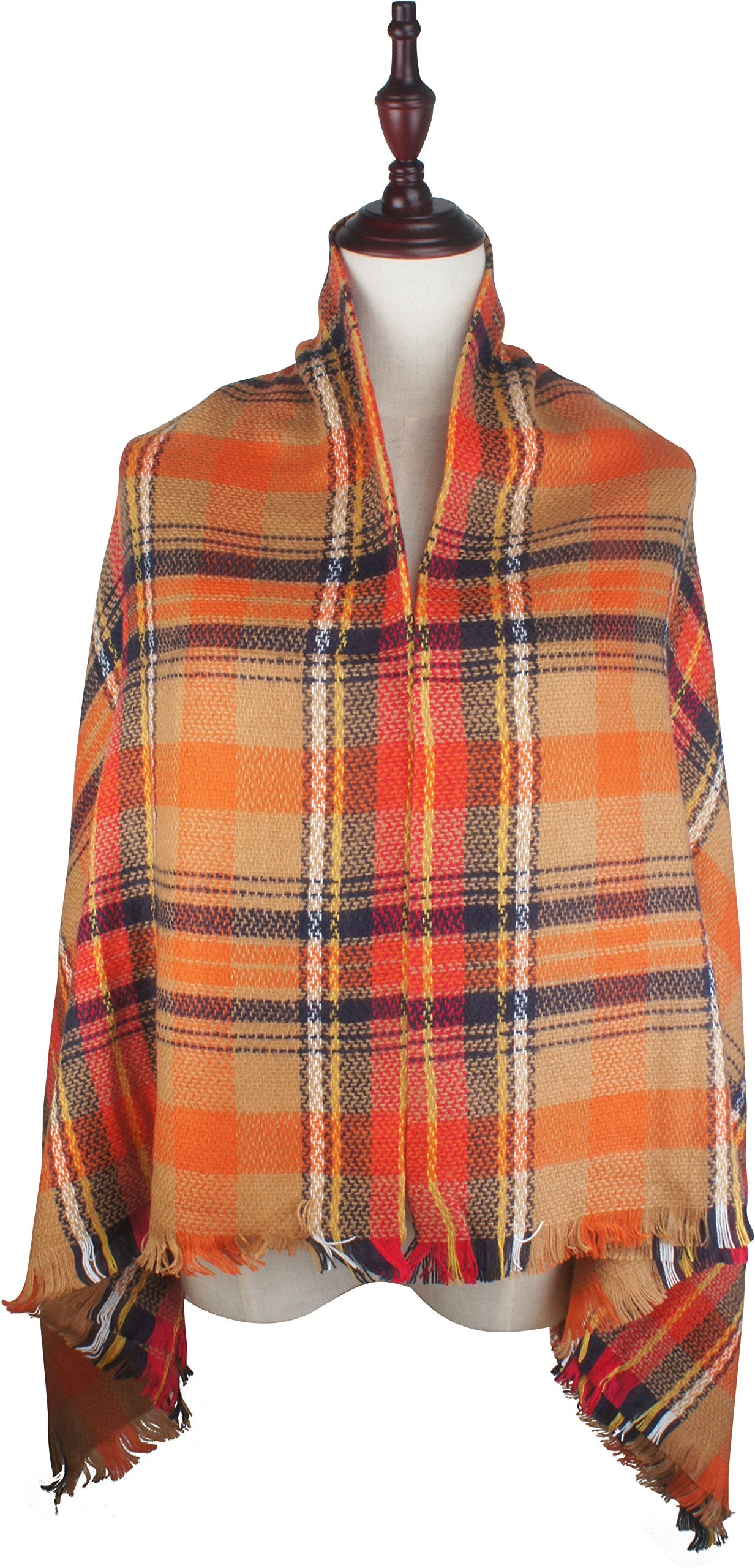 Women's Plaid Blanket Fall Winter Scarf Wrap Oversized Shawl Orange for Halloween Thanksgiving