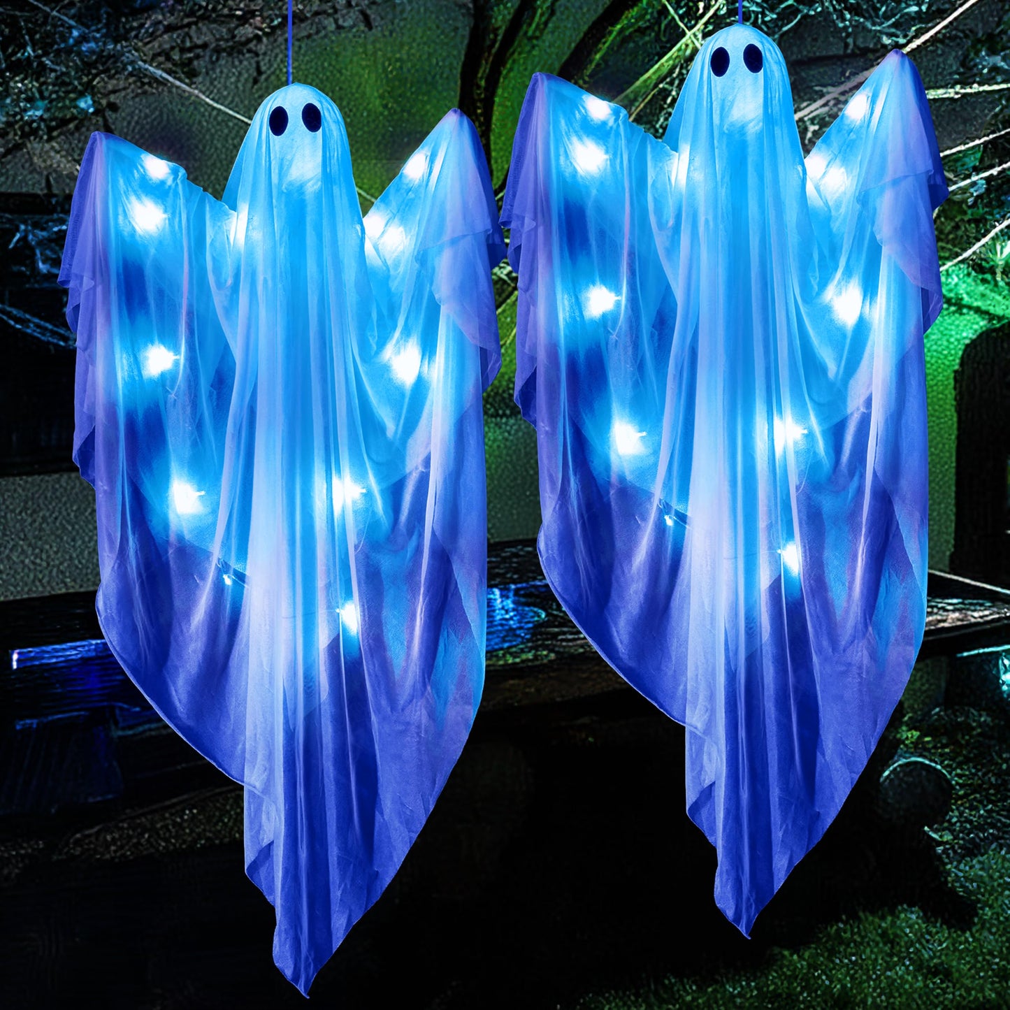 JOYIN 2 Pcs 47” Halloween Hanging Light up Ghost with Blue LED Light, Halloween Hanging Ghosts Decoration for Front Yard Patio Lawn Garden Party Decor Indoor Outdoor