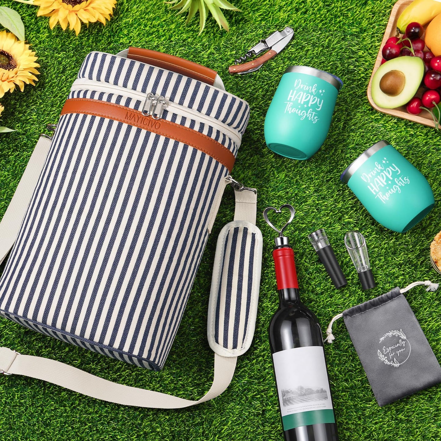 Birthday Gifts for Women Men - Mothers Day Wine Gift Baskets For Woman Mom, Her, Women, Friend, Wine Lovers, Self Care Package, Insulated Wines Tote Bag Carrier w/ Tumblers & Wines Accessories Set