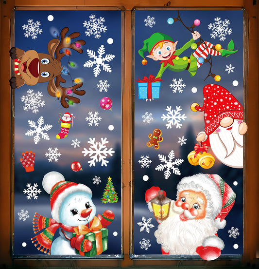 350PCS Christmas Decorations Snowflakes Window Clings Vintage Xmas Winter Decals Santa Clause Gnome Elf Snowman Reindeer Party Cling Decor