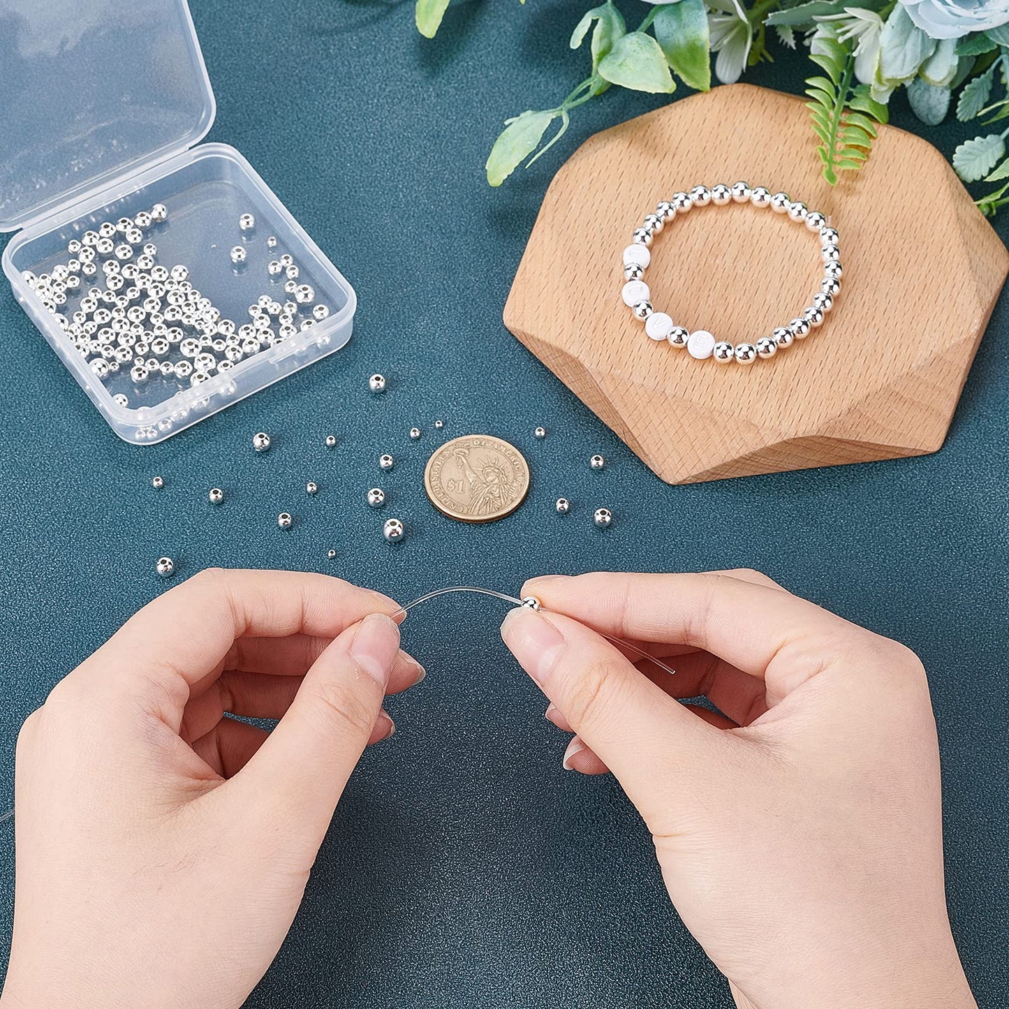 5 Sizes Smooth Round Beads, 300pcs 14K Silver Plated Beads Little Round Beads Seamless Ball Beads Long-Lasting Spacers for Hawaii Layered Bracelet Necklace Jewelry DIY Crafts 2/3/4/5/6mm