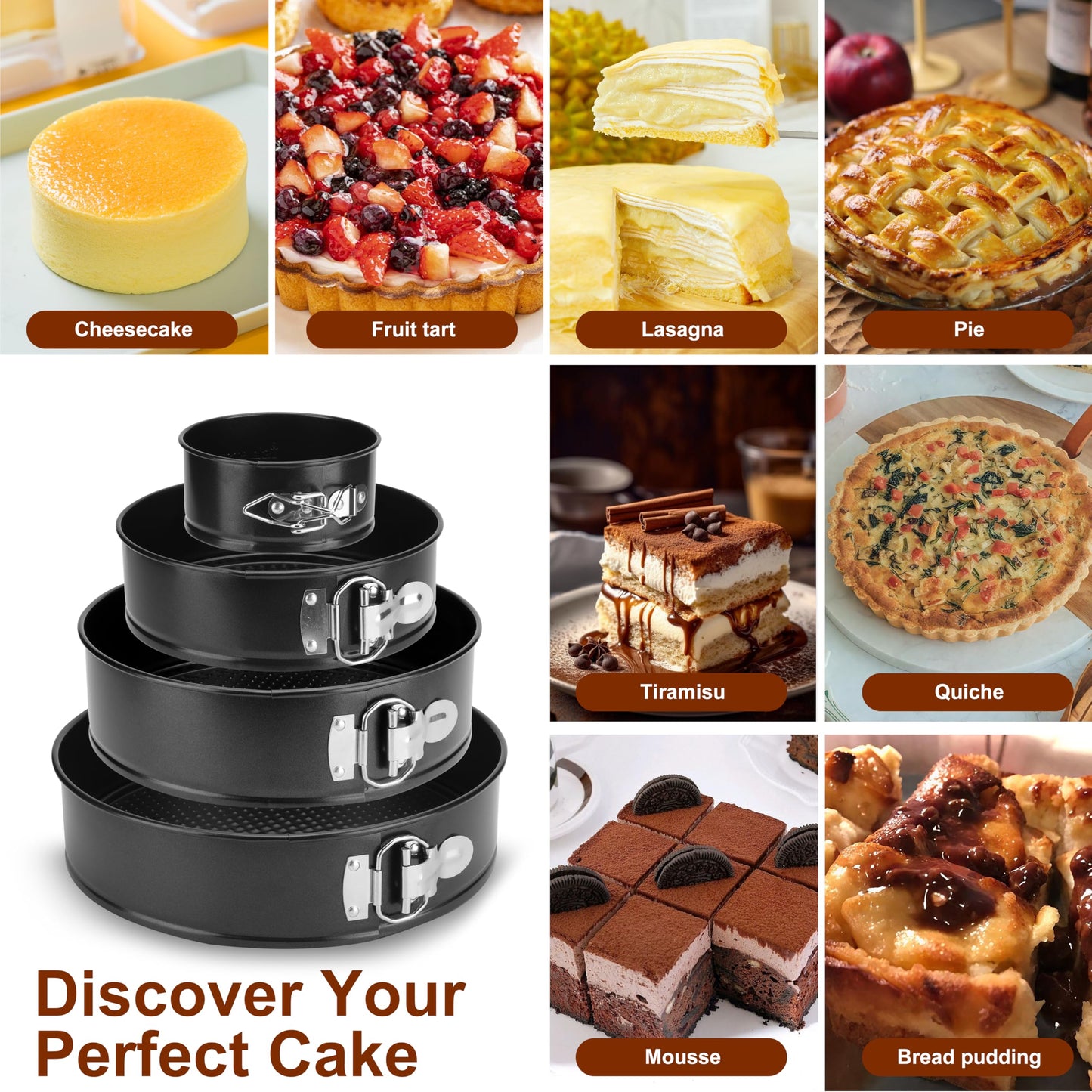 isheTao Springform Pan Set of 4, 4/7/9/10inch Cake Pan, Non-Stick Leak-Proof with Removable Bottom, Cheesecake Pan for Baking, Black