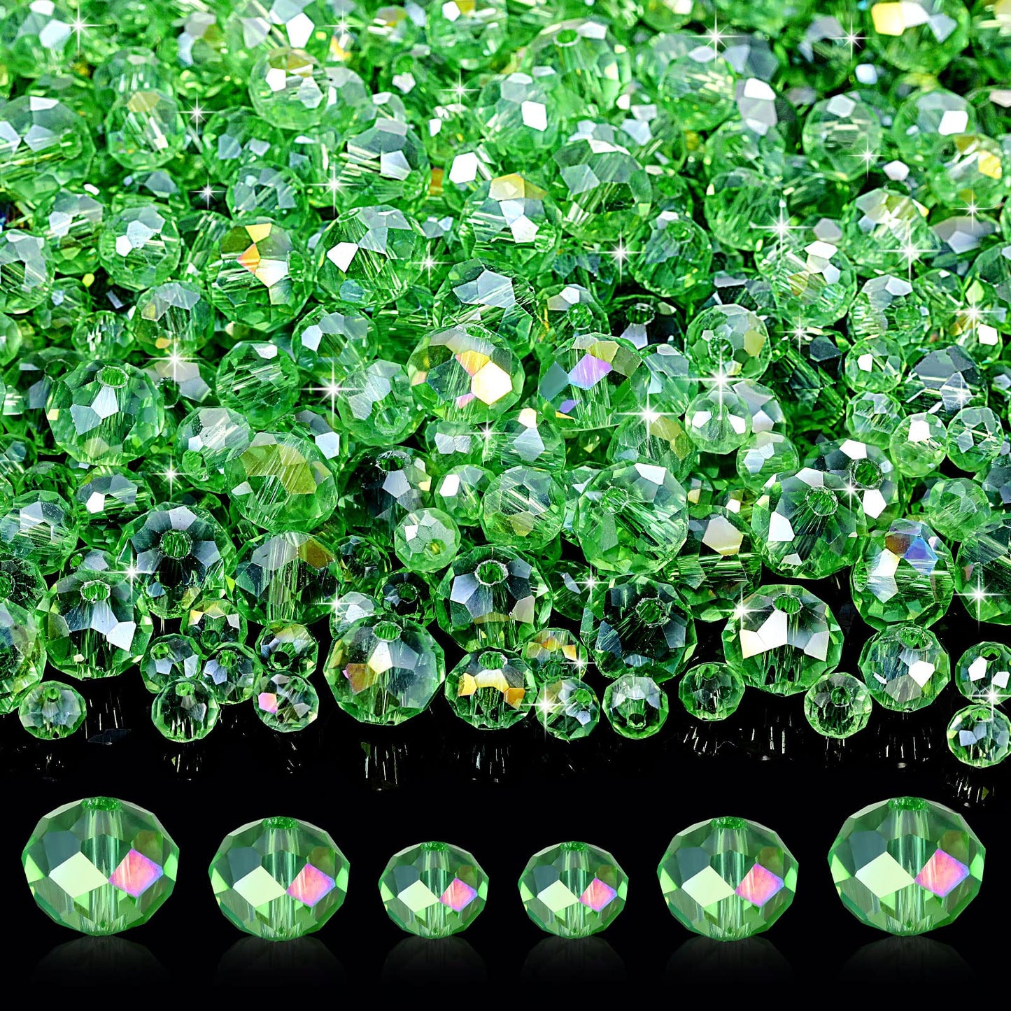 600 Pcs Crystal Glass Beads for Jewelry Making Bulk Faceted Gemstone Rondelle Loose Beads for Bracelet DIY Crafts 8 mm, 6 mm, 4 mm(Green)