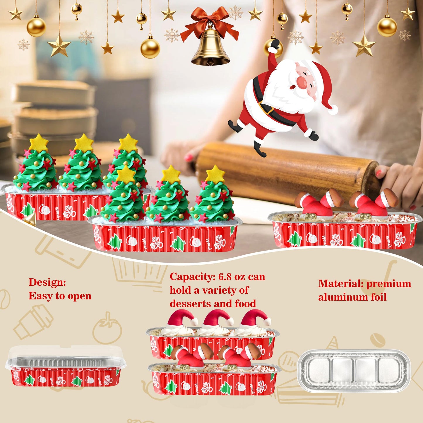 Cupcake Liners with Lids, 50PCS 6.8OZ Disposable Mini Cake Pans Disposable Aluminum Foil Baking Cups with Lids Aluminum Loaf Pans for Brithday,Red Christmas