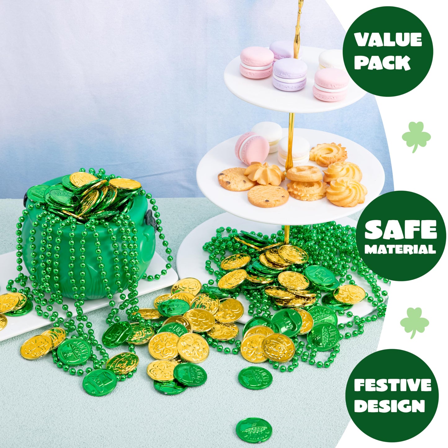 JOYIN 208 St Patrick’s Day Lucky Leprechaun Plastic Coins and 1 Large Green Cauldron with Handle Saint Patricks Pot of Gold Party Supplies