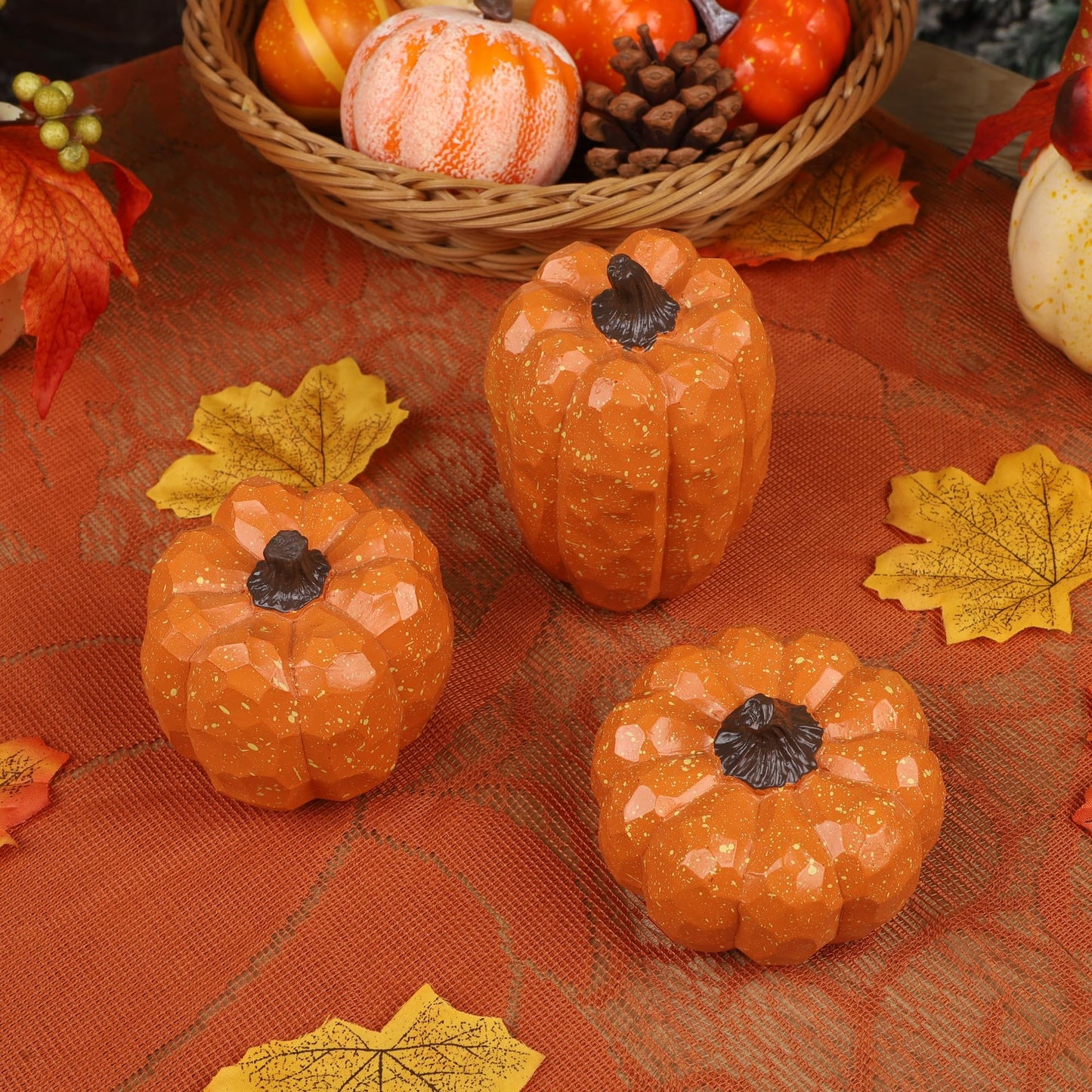 Pumpkins Fall Decor Set of 3 - Artificial Resin Thanksgiving Table Centerpiece for Home Mantel Porch Office & Farmhouse, Decorative Elegant Pumpkin Autumn Harvest Decorations (Orange)
