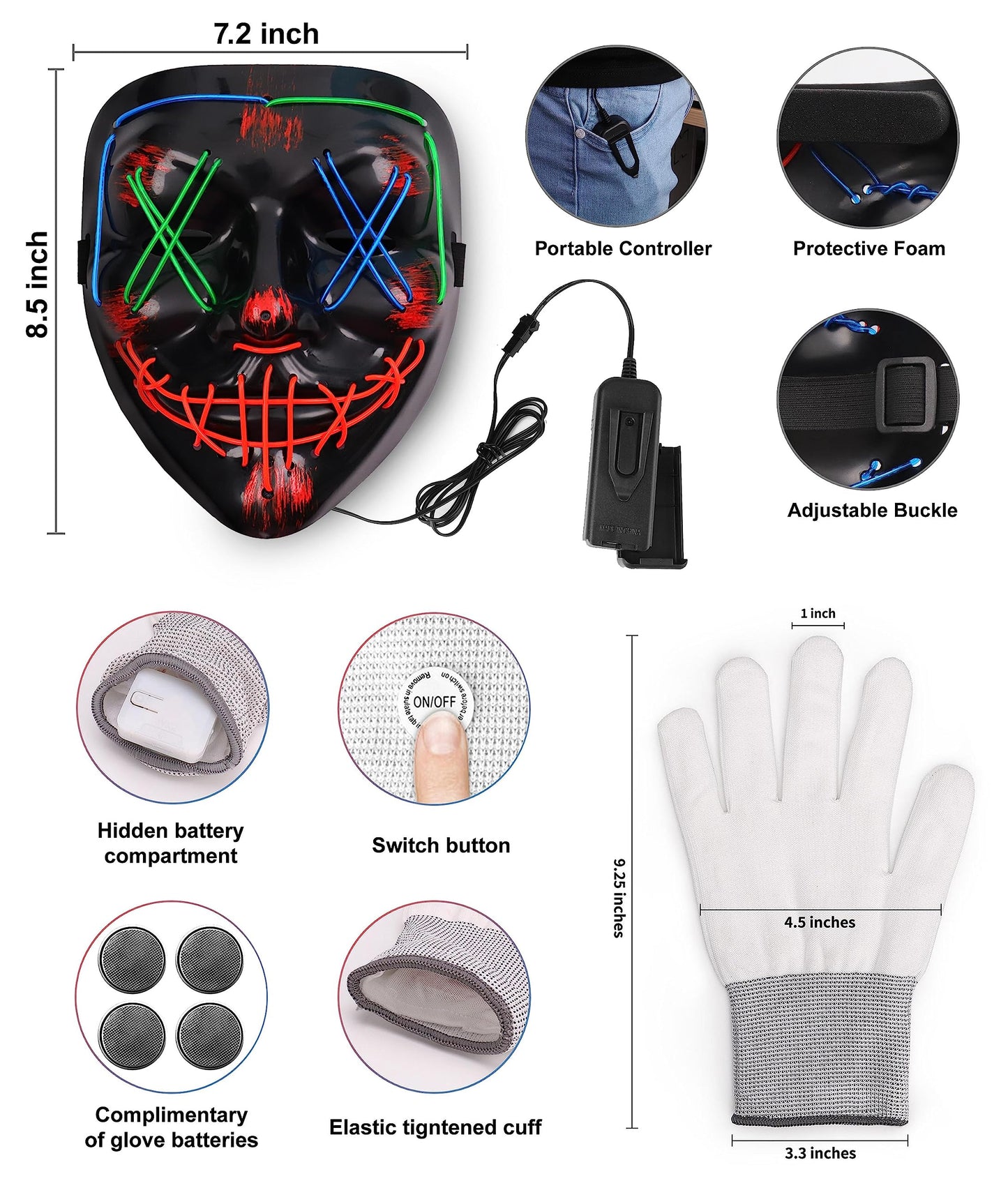 Halloween Mask Skeleton Gloves Set, Halloween Costumes Gifts for Men Women Boys Girls, 3 Modes Light Up Scary LED Mask with LED Glow Gloves, Halloween Decorations Scary Scream Anonymous Mask, 2 Pack