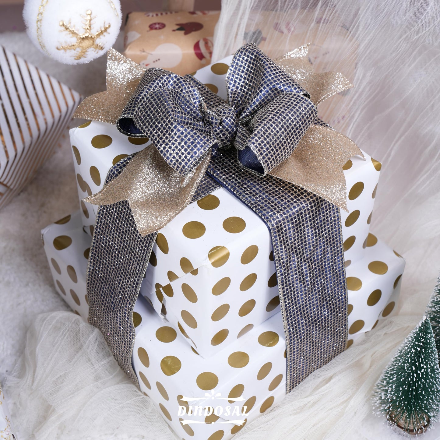 DINDOSAL Navy Blue and Gold Christmas Tree Ribbon - 2.5 Inch Wired Ribbon, 6 Rolls for Wreaths, Bows, Decorations