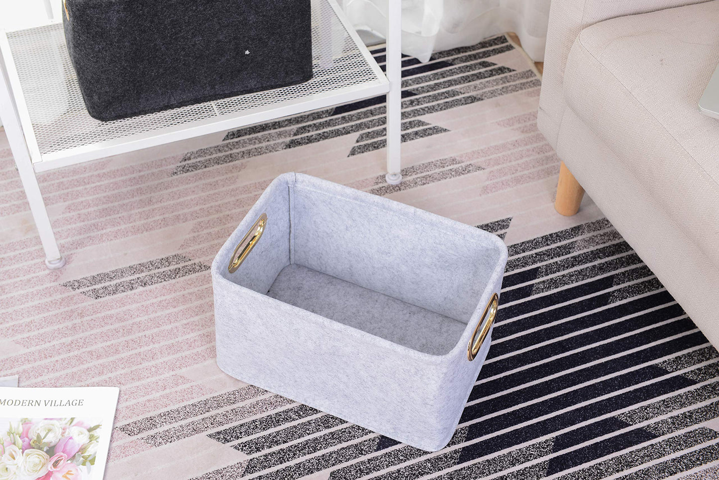 Collapsible Storage Bins Foldable Felt Fabric Storage Basket Organizer Boxes Containers with Handles Metal Handles for Nursery Toys,Kids Room,Clothes,Towels,Magazine