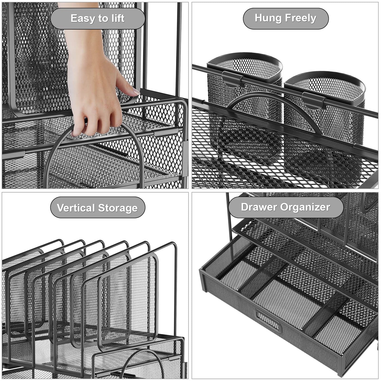 Marbrasse Desk Organizers, 4-Tier Mesh Desk File Organizer with 5 Vertical File Holders and 2 Pen Holders, Multifunction Desktop Organizer,Desk Organizers and Accessories for Home Office (Gray)