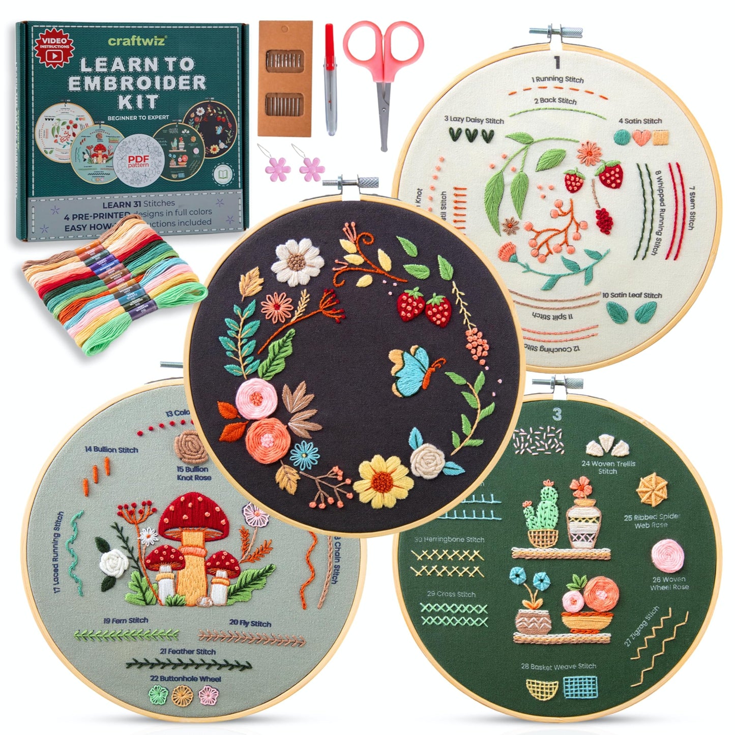 4-Piece Starter Embroidery Kit for Beginners with Simple Patterns, Learn to Embroider 31 Stitches with Hand Embroidery Kit