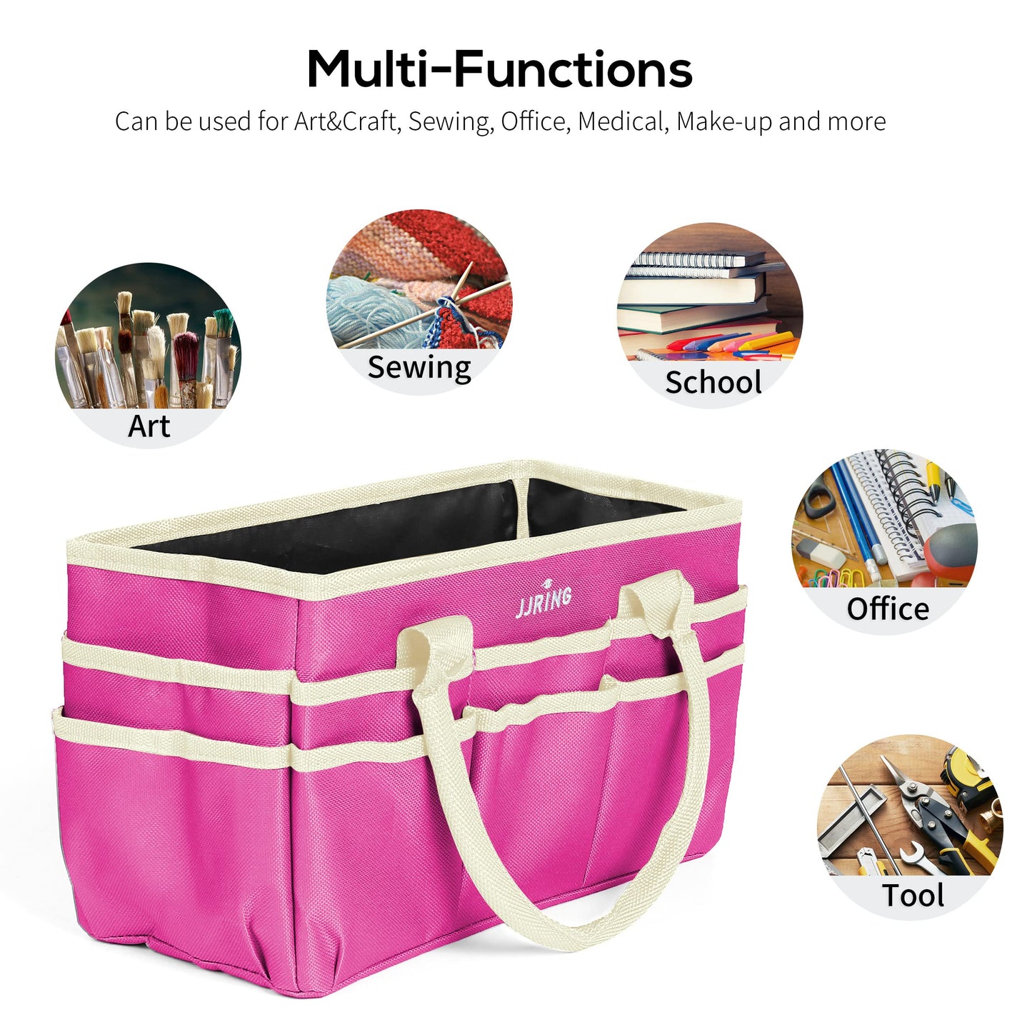 JJRING Craft and Art Tote - 600D Rose Red Nylon Fabric Art Sewing Organizer Bag with Pockets - for Craft, Scrapbooking, Medical, and Office Supplies Storage