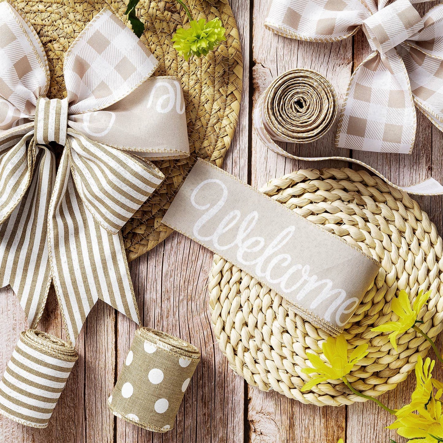 20 Yards Farmhouse Ribbon 4 Rolls Welcome Stripe Dot Buffalo Plaid Wired Ribbon Rustic Polyester for Summer Wreaths Assorted DIY Present Wrapping Floral Bow Craft Deco(Natural)