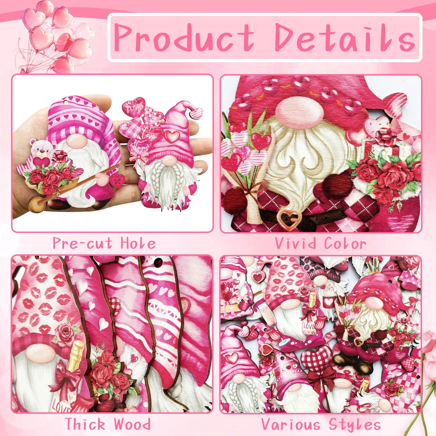 JOPHMO Valentine Wooden Hanging Ornaments, Wood Decor for Tree Decoration, Santa Doll Craft, Gnome Elf Party Supplies (Valentine-Gnomes-A)