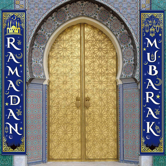 Blulu Eid Mubarak Decoration Set Ramadan Mubarak Porch Sign Ramadan Banner Hanging Decoration for Indoor/outdoor Decor Eid Al-fitr Party(Blue)
