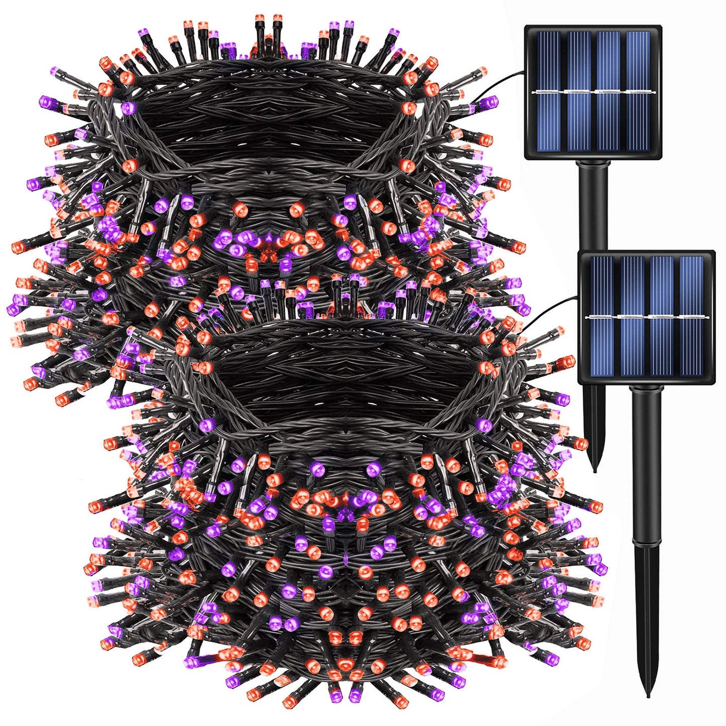 Dazzle Bright 2 Pack Total 400LED 132FT Halloween Solar String Outdoor Lights, 8 Modes Waterproof Halloween Lights for Bedroom Patio Garden Tree Party Yard Decoration (Purple & Orange)