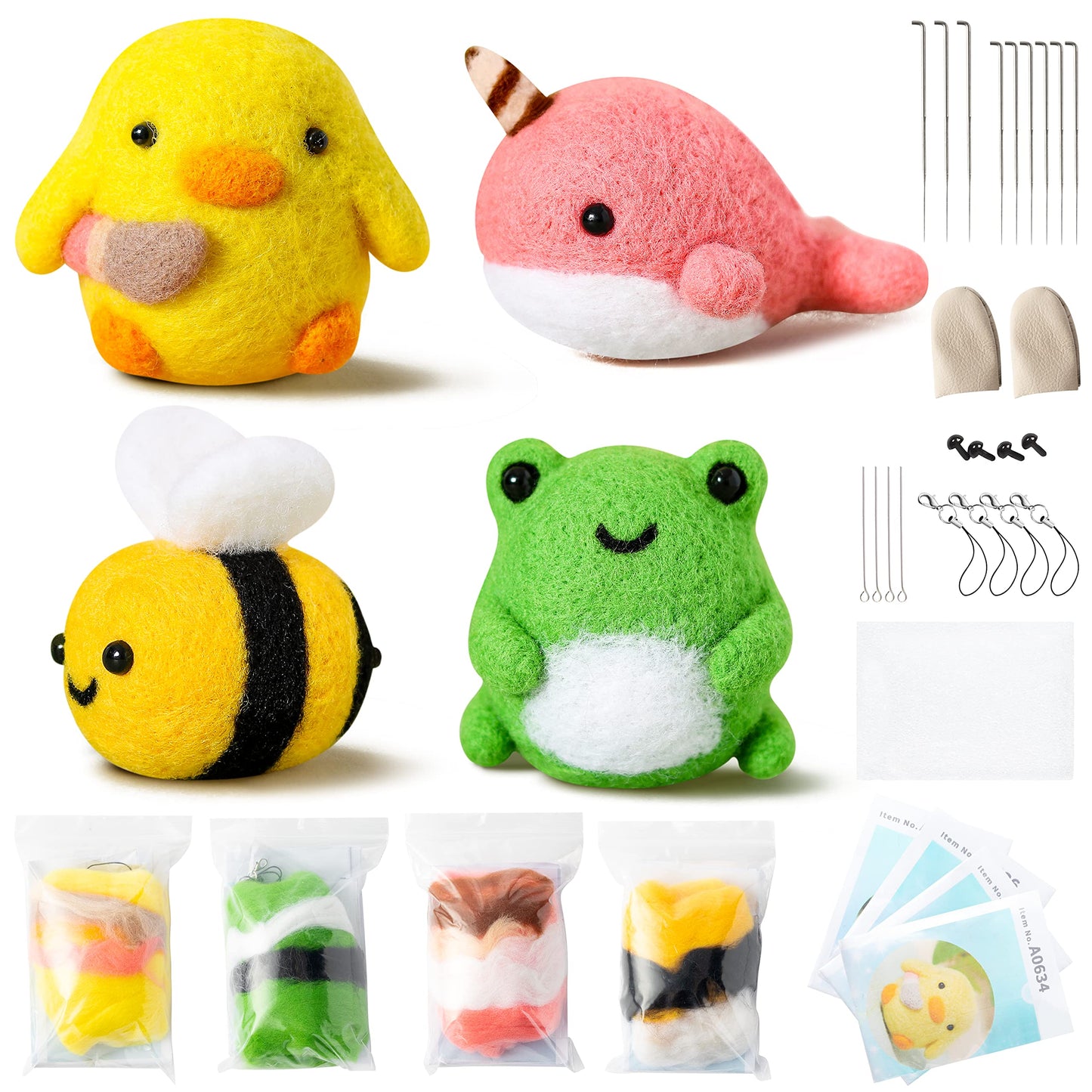 Set of 4 Cute Animal Needle Felting Starter Kit Frog Chick Bee Narwhal Animal Doll Wool Felting Tools Felt Needles Foam Mat DIY Needlework Craft Party Supplies for Beginners Adults