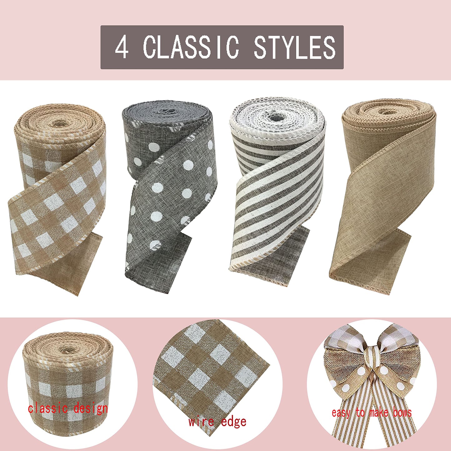 OZXCHIXU 4 Rolls Burlap Fabric Ribbon Burlap Wired Edge Ribbon White Dot Plaid Stripe Ribbon Rustic Christmas Crafts Ribbon for DIY Present Wrapping Wreath Floral Bow Craft Decor,2.5Inch x 24Yards