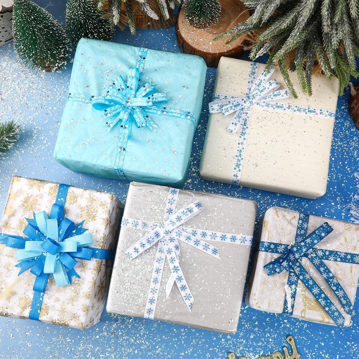 6 Rolls 60 Yards Winter Ribbons for Gift Wrapping, Holiday Xmas Grosgrain Ribbons 10mm Wide Blue White Snowflake Snowman Craft Ribbons for Christmas Tree Decoration Wreaths Bows Craft Supplies